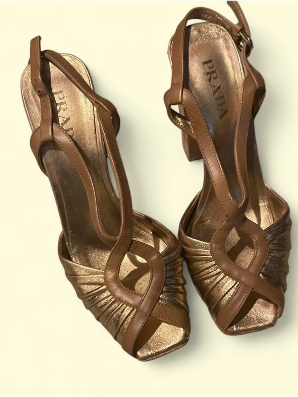 Prada Brown Leather Slingback Heels with Metallic Bronze Accents